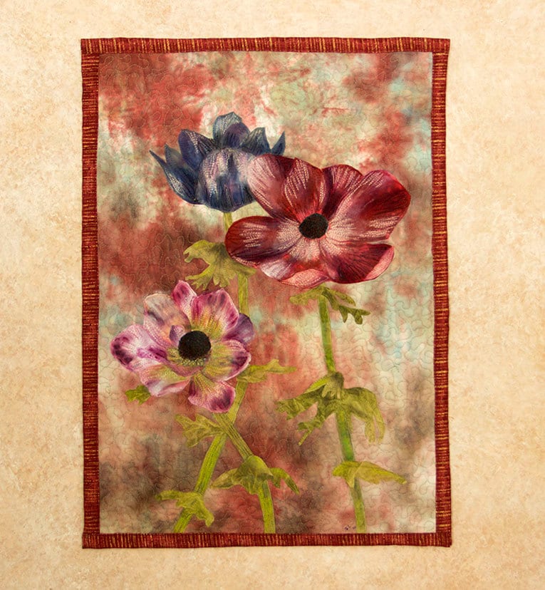 Hand painted fabric art quilt wallhanging Anemones