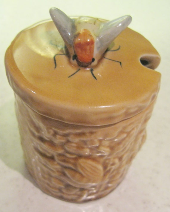 Vintage Secla Portugal Porcelain Honey Pot with Lid with bees