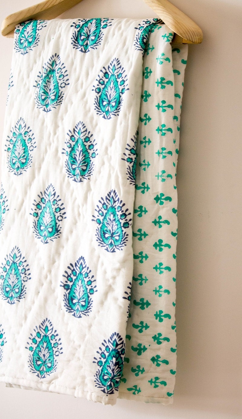 Reversible handmade block print quilt for babies and