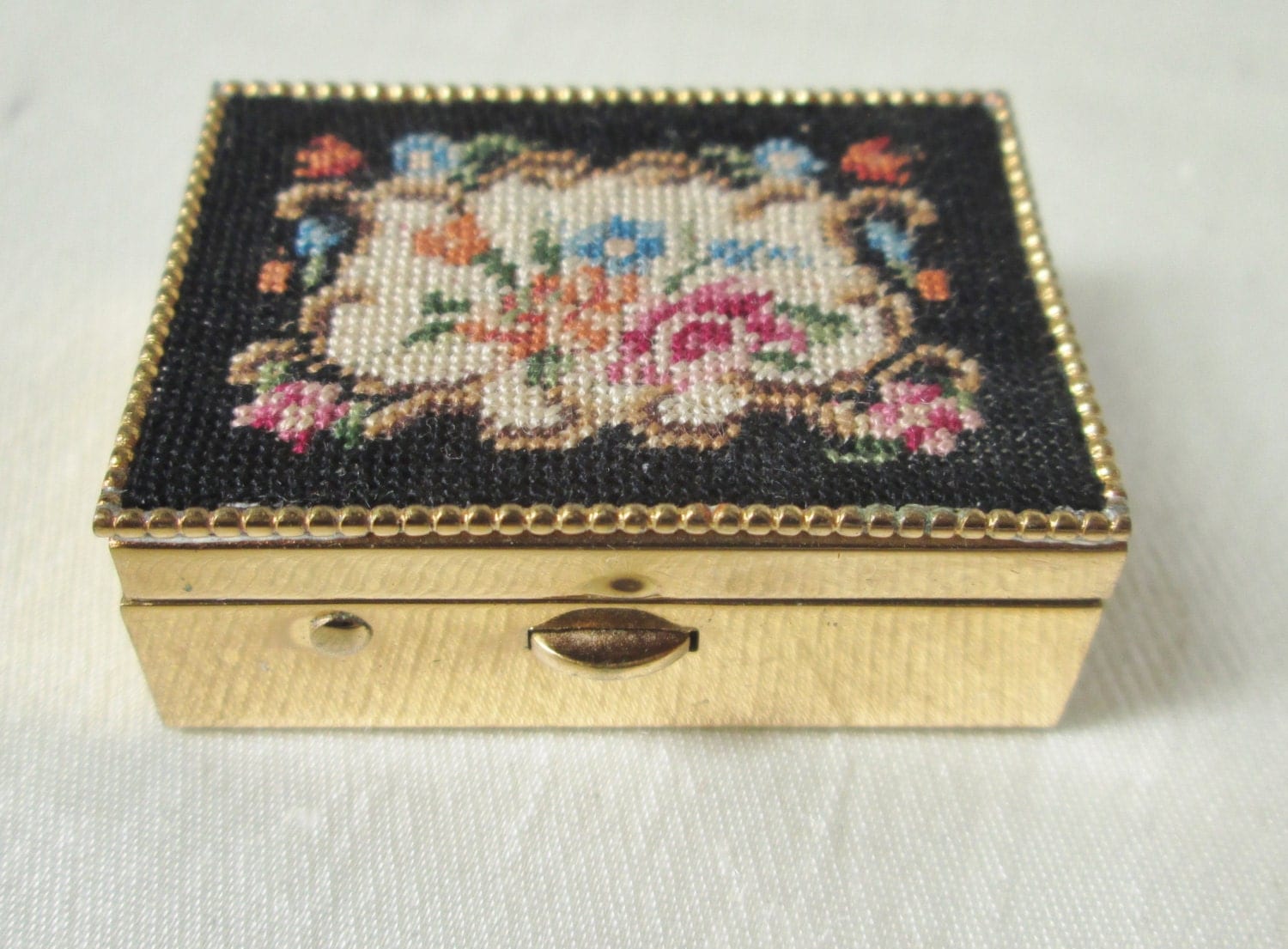 1940s Needlepoint Pill Box.Christmas Gift,Stocking Stuffer,Kwanzaa Gift