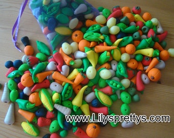 Fruit and Vegetable Handmade Fimo Polymer Clay Beads, Blueberries, Carrots, Sweetcorn, Orange, Apple, Lemon, Lime, Chilli, Parsnip,Pumpkin