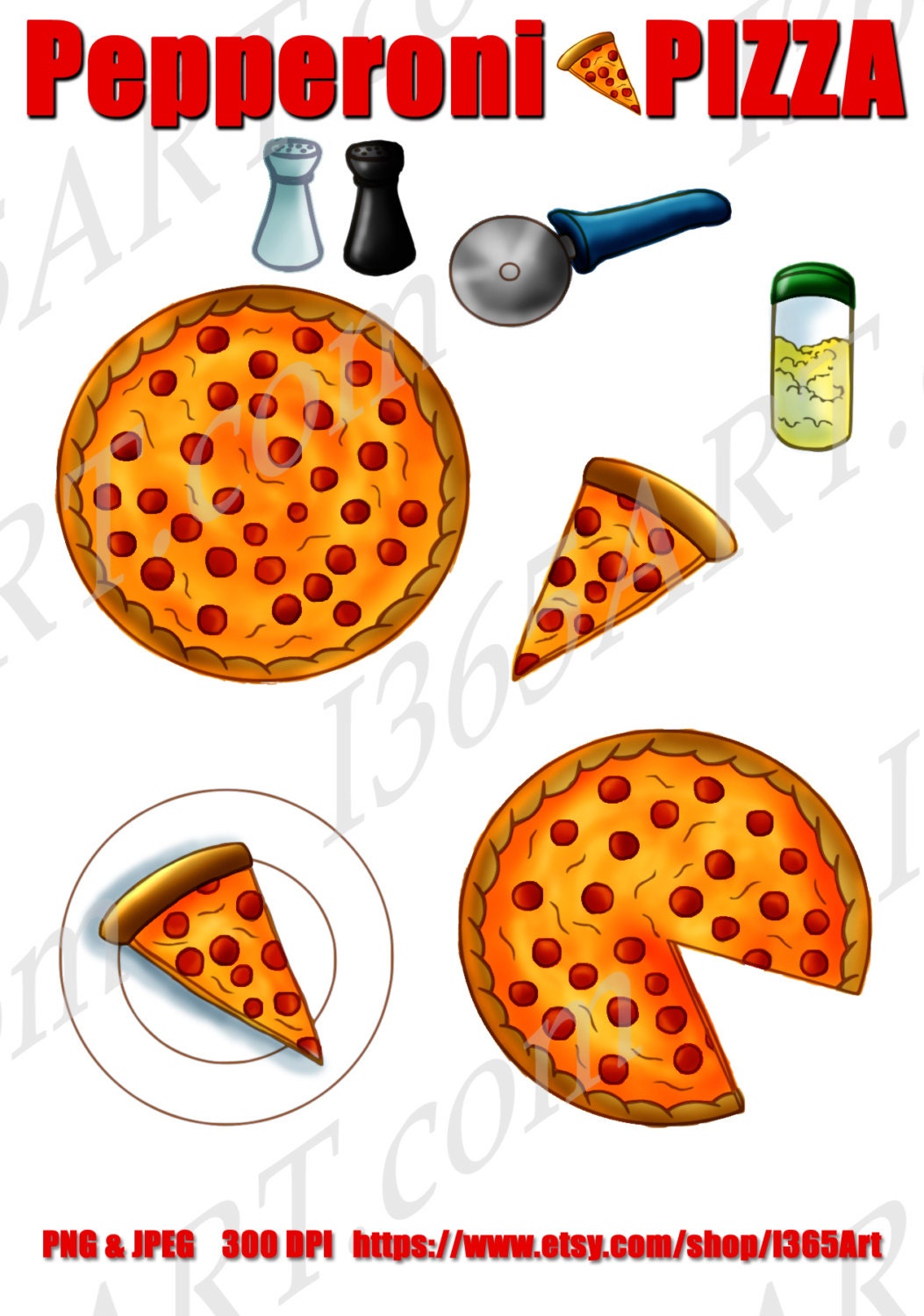 Pepperoni Pizza Clip art Set pizza slice full pizza by I365Art