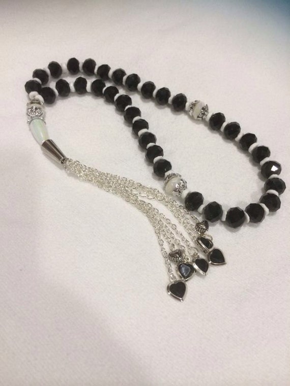 Items similar to Prayer beads black and white beads with silver, 33 ...