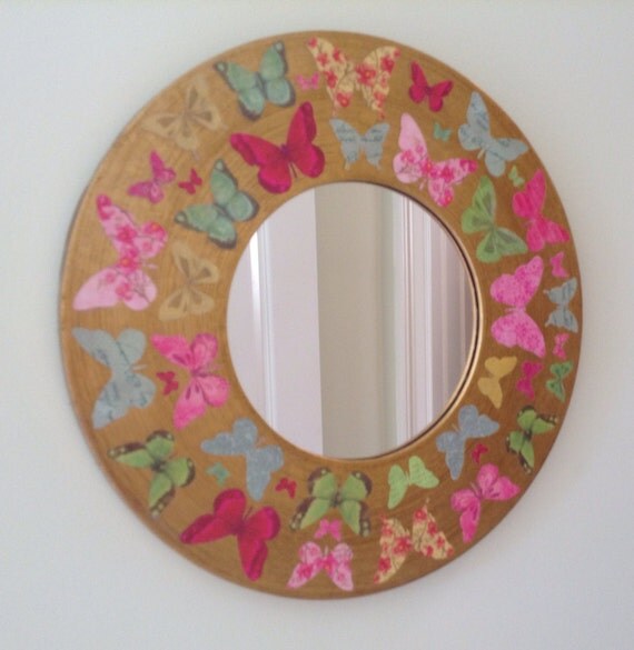 Items similar to Gold circular mirror with jewel colored butterflies on ...