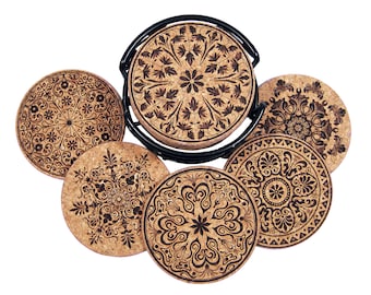 Vintage Design, Laser Etched Cork Coaster Set