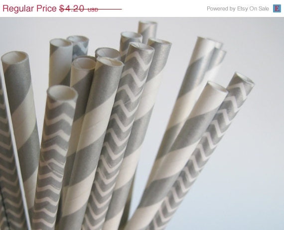 ON SALE 25 Metallic Silver Grey Stripe and Chevron Paper Straw Mix - Stripe, Dot & Chevron - ships less than 24 hours Il_570xn