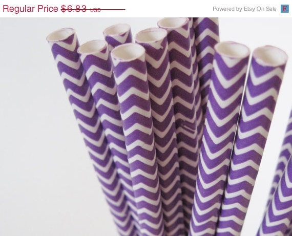 ON SALE 50 Purple and White CHEVRON Paper Straw - ships less than 24 hours Il_570xn