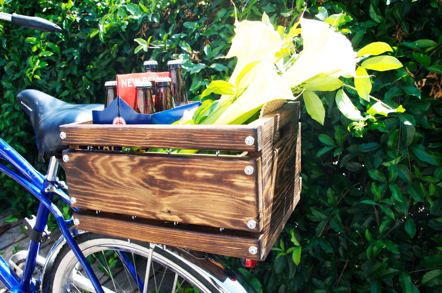 Custom Built Rustic Wood Crate Bicycle Basket