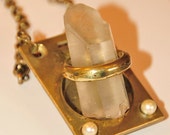 industrial design solid brass hinge pendant necklace with real south sea pearls and natural rock crystal