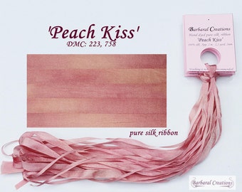 Hand dyed 13 mm wide pure silk ribbon - 'Peach Kiss'