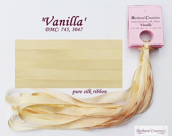 Hand dyed 2 mm wide pure silk ribbon, soie ruban - 'Vanilla'