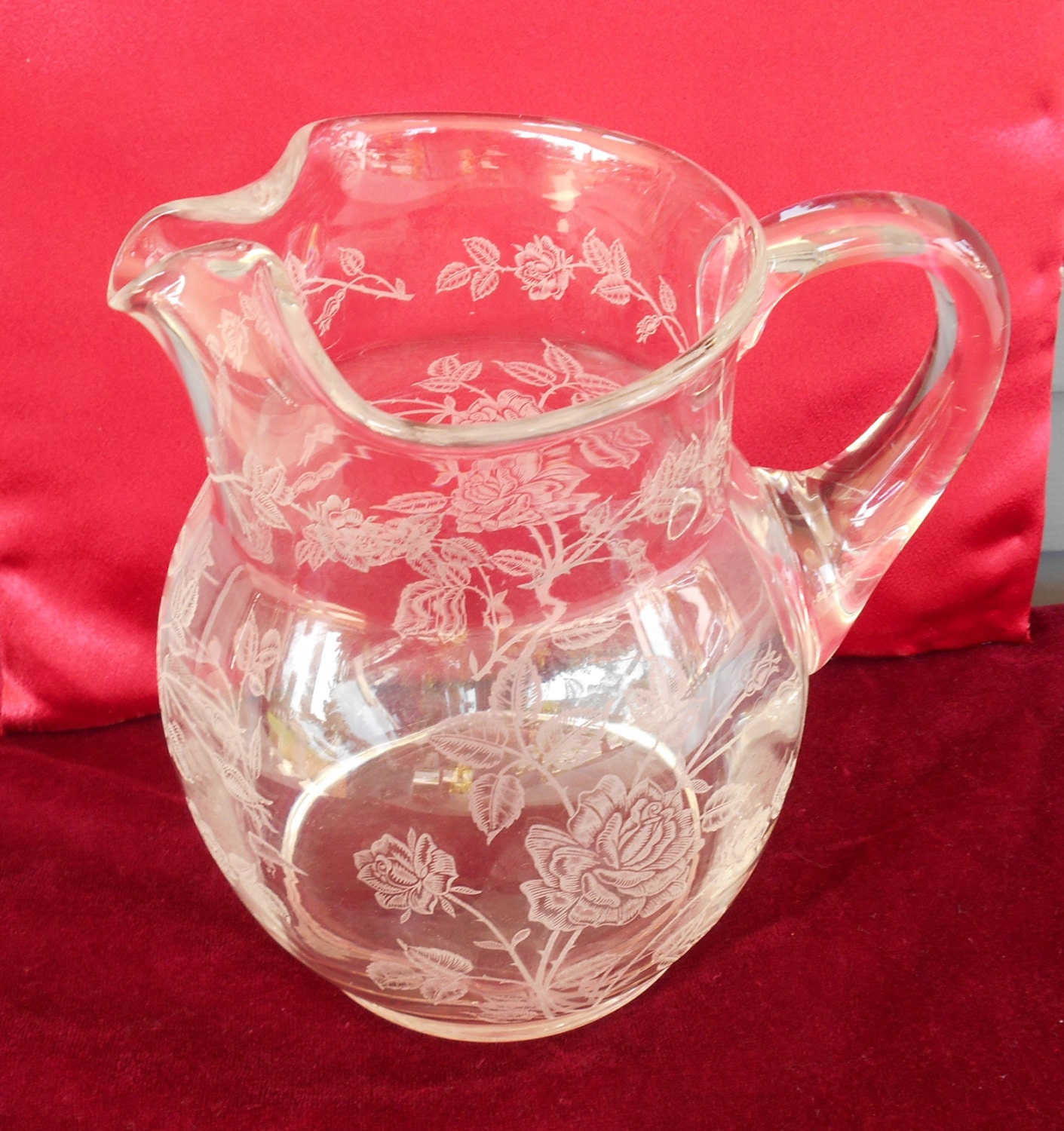 Vintage Heisey Rose Pitcher Etched Glass Jug Glass Pitcher