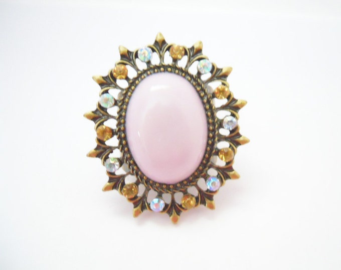Vintage Pink Cabochon Ring, Stretch Rhinestone Cocktail Ring, Size 6