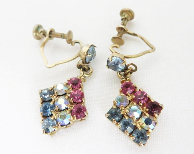 Rhinestone Dangle Earrings, Vintage Red White Blue Screwback Earrings, Diamond Dangles