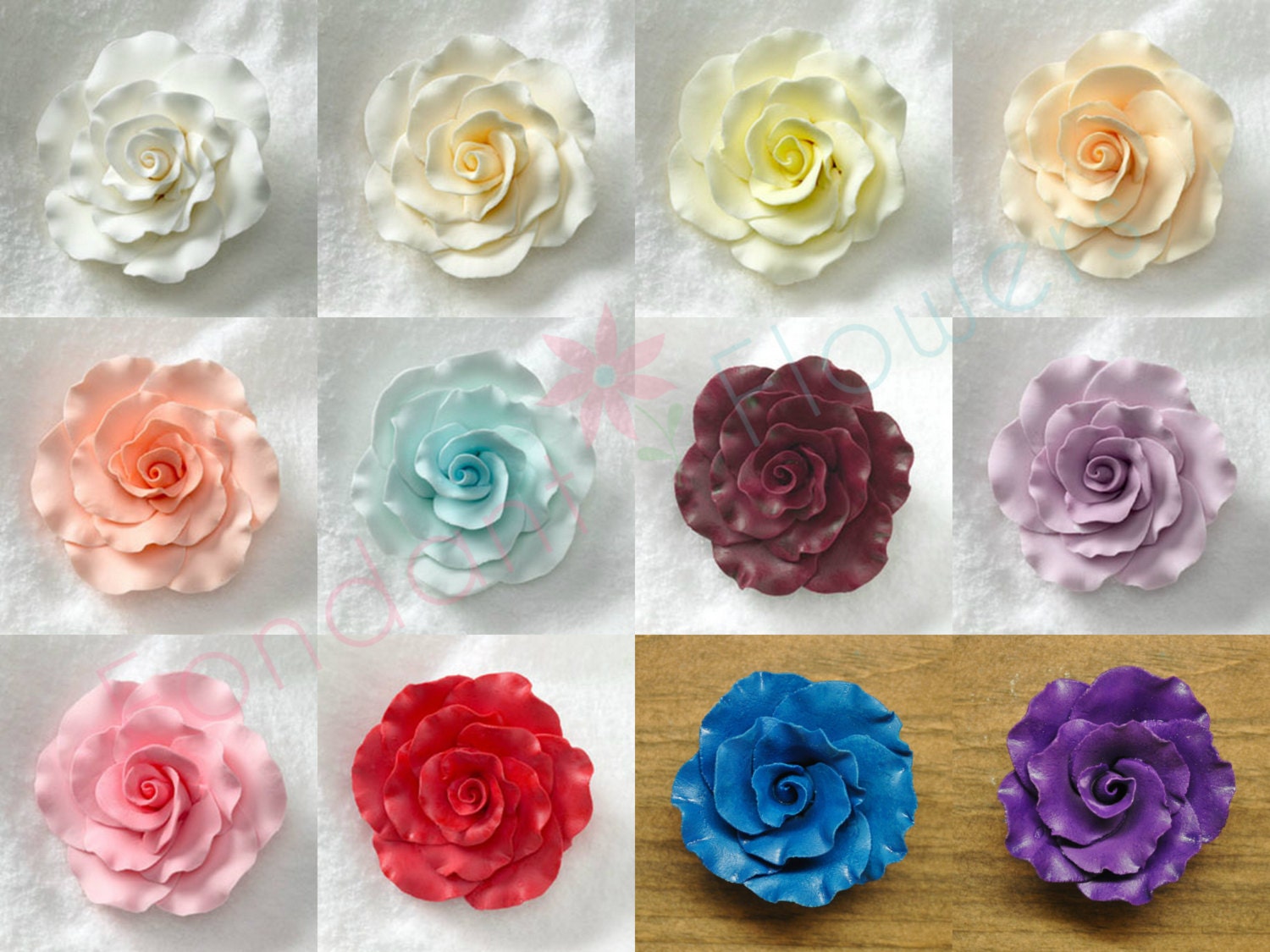 Gumpaste Roses 11/2 to 5 White Yellow Peach by FondantFlowers