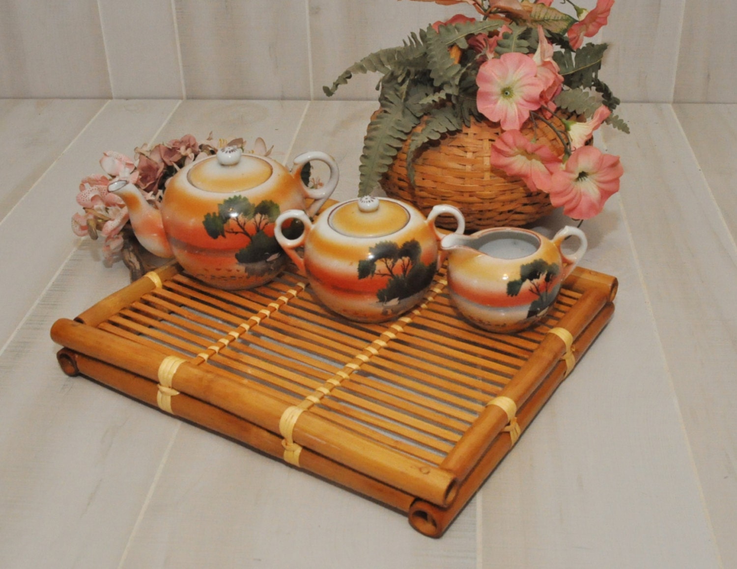 Lovely Vintage Japanese Porcelain Tea Set with Bamboo Serving Tray Circa 1950s Haute Juice