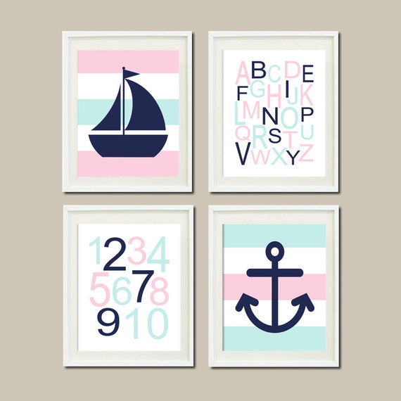 Items similar to Nautical Nursery Decor Art Baby Girl Pink Aqua Wall Art Boat Anchor Alphabet