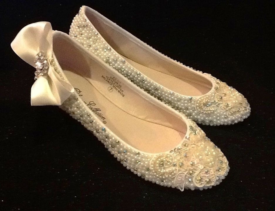 Plus size Wedding Shoes Bridal Flats Beaded Rhinestones Hand