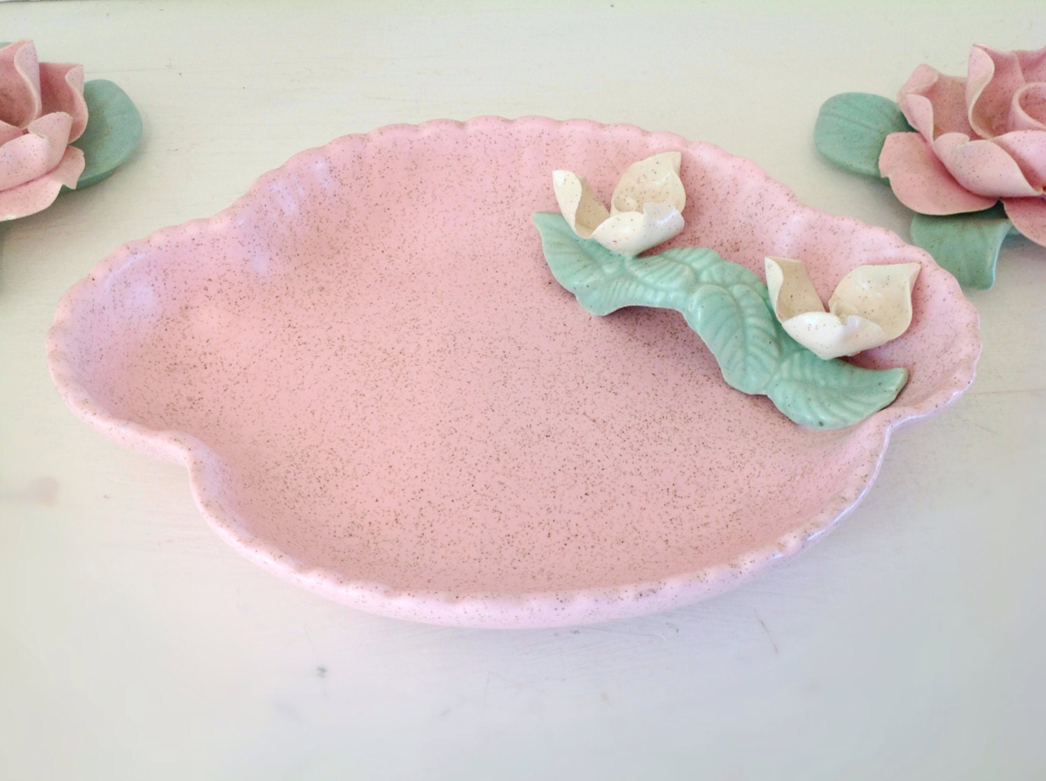 Antique Pink Speckled Vanity TrayAntique Candle HolderVintage