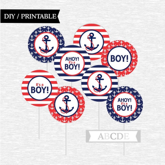 Instant Download Red and Navy Cupcake Toppers Baby Shower