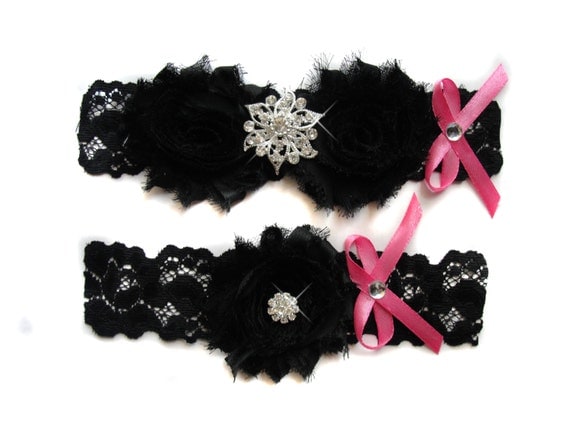 Black and Pink Wedding Garter Set, Lace Bridal Keepsake, Toss, Throw Garter with Rhinestone, Hot Pink with Black Lace