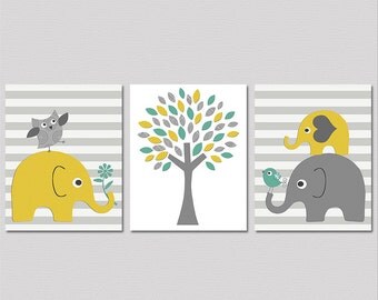 Yellow grey and teal elephant nursery Art Print Set - 8x10 - elephant family, baby elephant, aqua, striped, tree - UNFRAMED