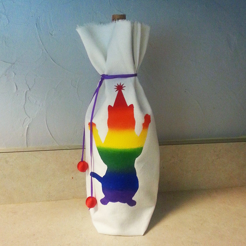 Rainbow Party Cat Drawstring Wine Gift Bag by JaycatDesigns