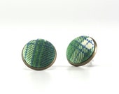 Scottish Tartan Stud Earrings - Earring Studs - Green, Blue and Beige Plaid Fabric Buttons Jewelry - Green Earring Posts