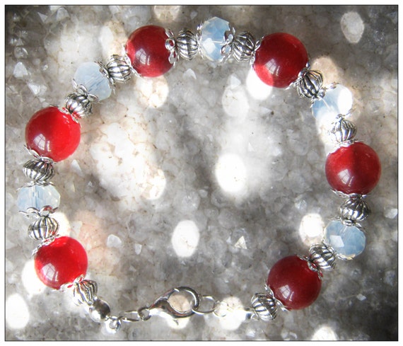 Handmade Silver Bracelet with Ruby & Facetted White Opal by IreneDesign2011