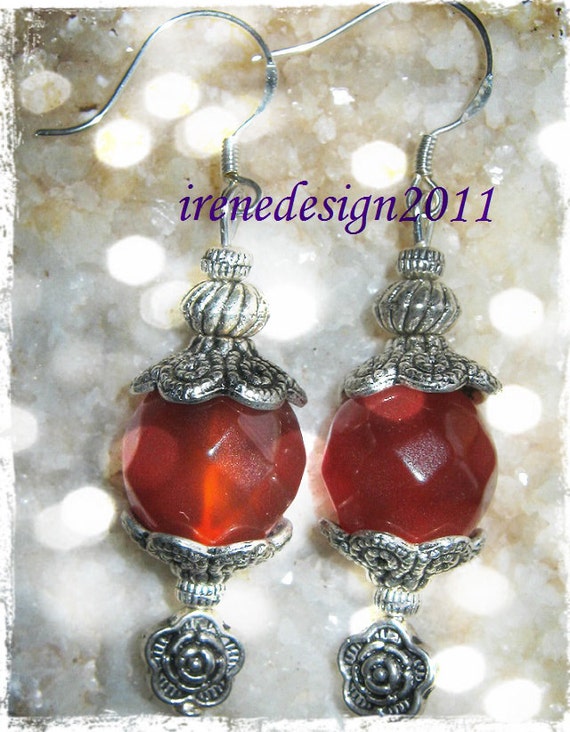 Handmade Silver Earrings with Facetted Carneol & Roses by IreneDesign2011