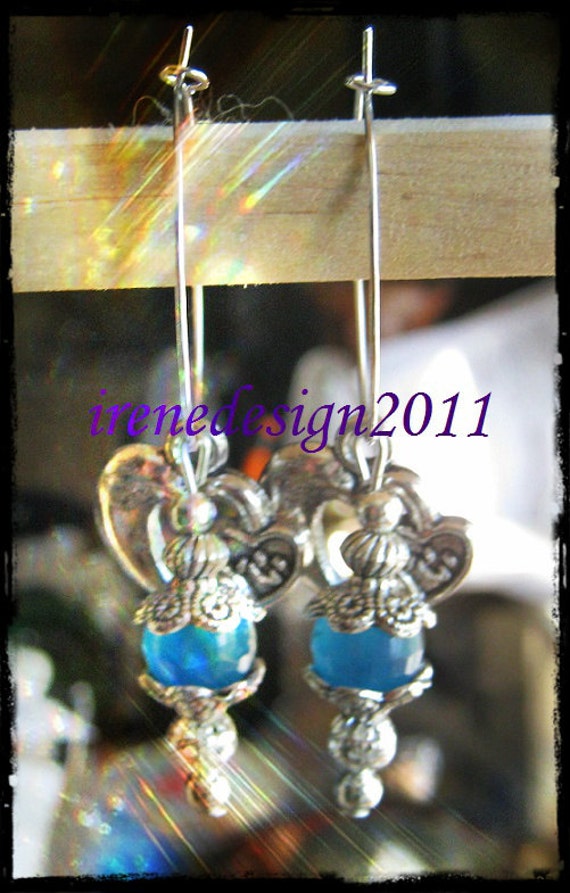 Silver Hoop Earrings with Facetted Blue Chalcedony & Hearts by IreneDesign2011