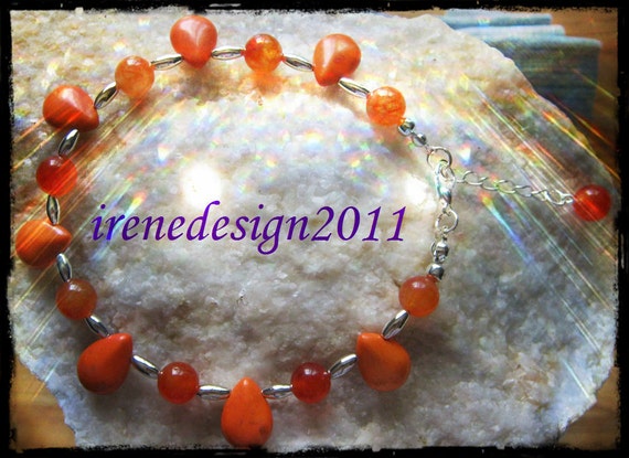 Beautiful Silver Anklet with Orange Howlite Drops & Carneol, Adjustable by IreneDesign2011