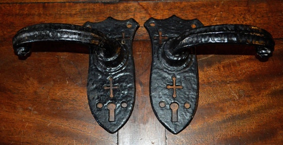 Antique English Door Knob Handles with Crosses Medieval Castle