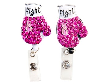 New Custom Bling Pink Rhinestone Breast Cancer Awareness Ribbon Boxing Glove ID Badge Pull Reel Retractable ID Badge Holder