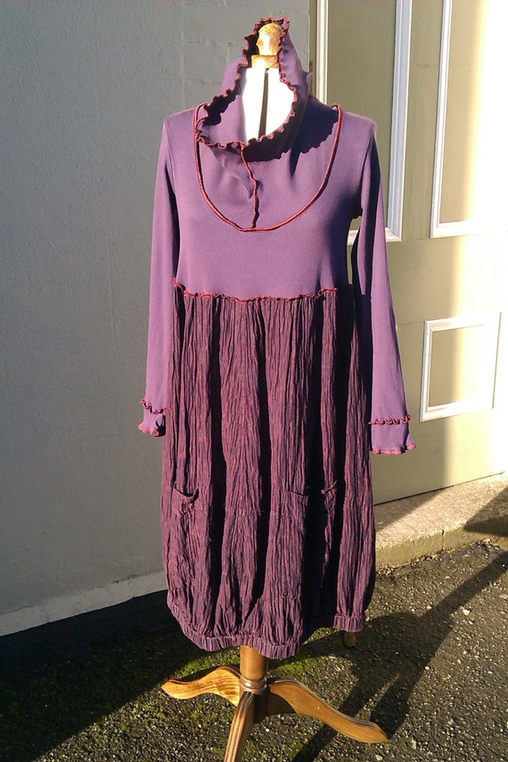 Upcycled clothing. Refashioned Purple, Plum Puff Dress. UK size 12-14.