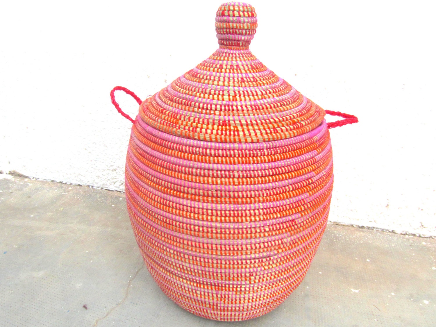 Red orange and pink utility basket laundry basket handwoven