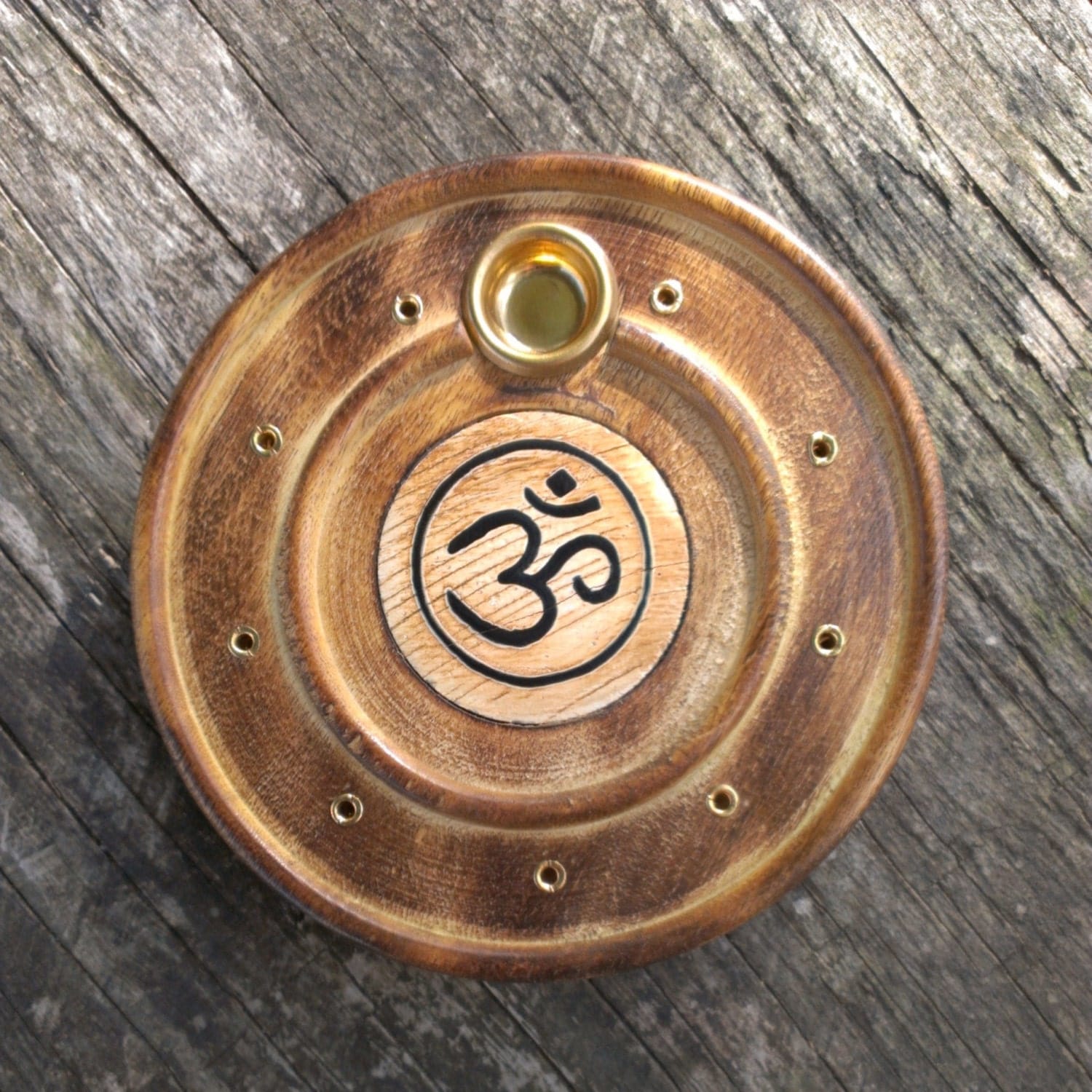 Wooden Round OM Incense Stick & Cone Burner