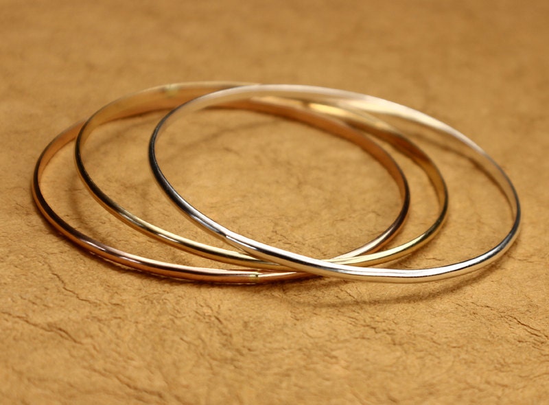 Set of 3 TriColored Bangles Sterling Silver Bangle Gold