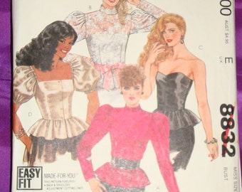 1980s 80s Vintage BROOKE SHIELDS Strapless Short or Long Sleeve Evening Top 4 Views COMPLETE McCalls Pattern 8832 Bust 31.5 Inch 80 Metric
