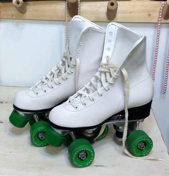 1980's Bright White Roller Derby Roller Skates with Green