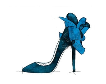 Louboutin High Heels, Fashion Illustration Watercolor Painting Print -- Blue Home/office decor and wall art, Fashion prints