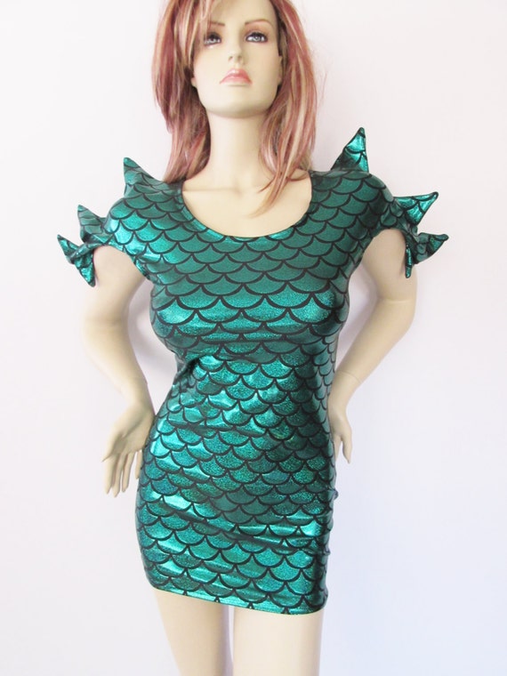 Green shimmer Mermaid scale Mini Dress BodyCon Pointy arm
