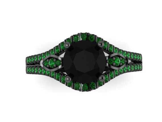 Green Emerald Engagement Ring 14K Black Gold Diamond Wedding Ring with ...