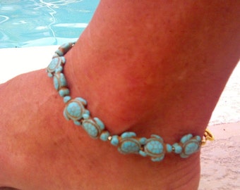 Turquoise & gold Swarovski crystal sea turtle bracelet or anklet ! Sea turtle anklet !