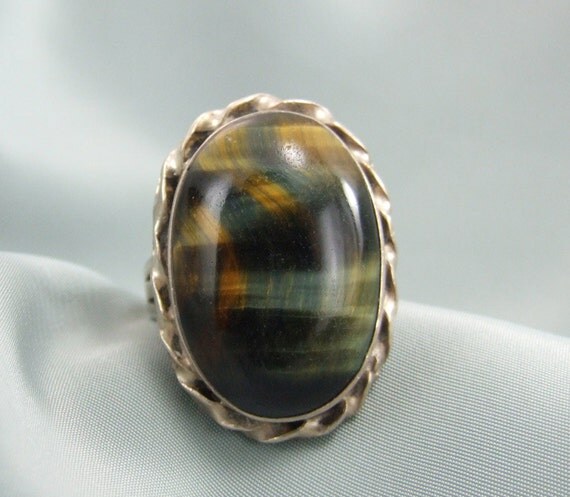 Blue Tiger Eye Agate Stone Sterling Silver Ring 57