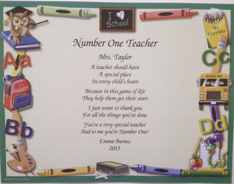 Gift for Teacher Personalized Gift Number One Teacher Poem