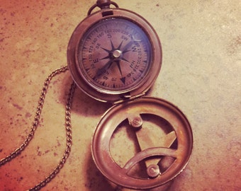 BEST SELLER - Vintage Style Sundial Compass Necklace Nautical Antique Brass, Glass, Charm & Chain