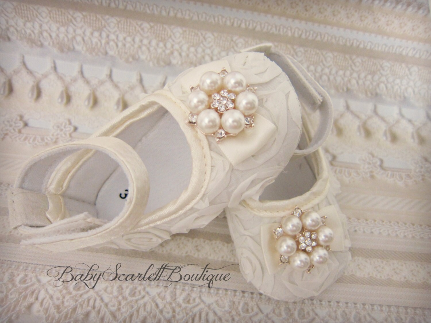 Ivory Rosette Baby Girl ShoesSoft Sole by babyScarlettBoutique