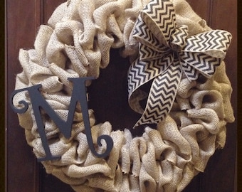 Chevron burlap wreath with monogram- front door wreath- year round wreath- initial wreath- burlap wreath- winter wreath