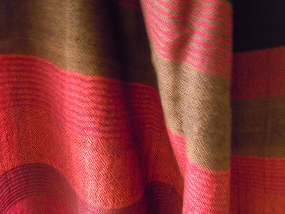 Pure wool scarf stole shawl in dark gray bordered with stripes in rich colors.